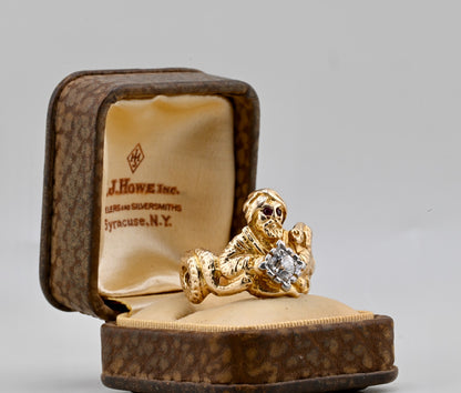 ANTIQUE ART DECO PERIOD 14K GENIE & DOUBLE SNAKE RING OLD EURO DIAMOND IGI CERT.0