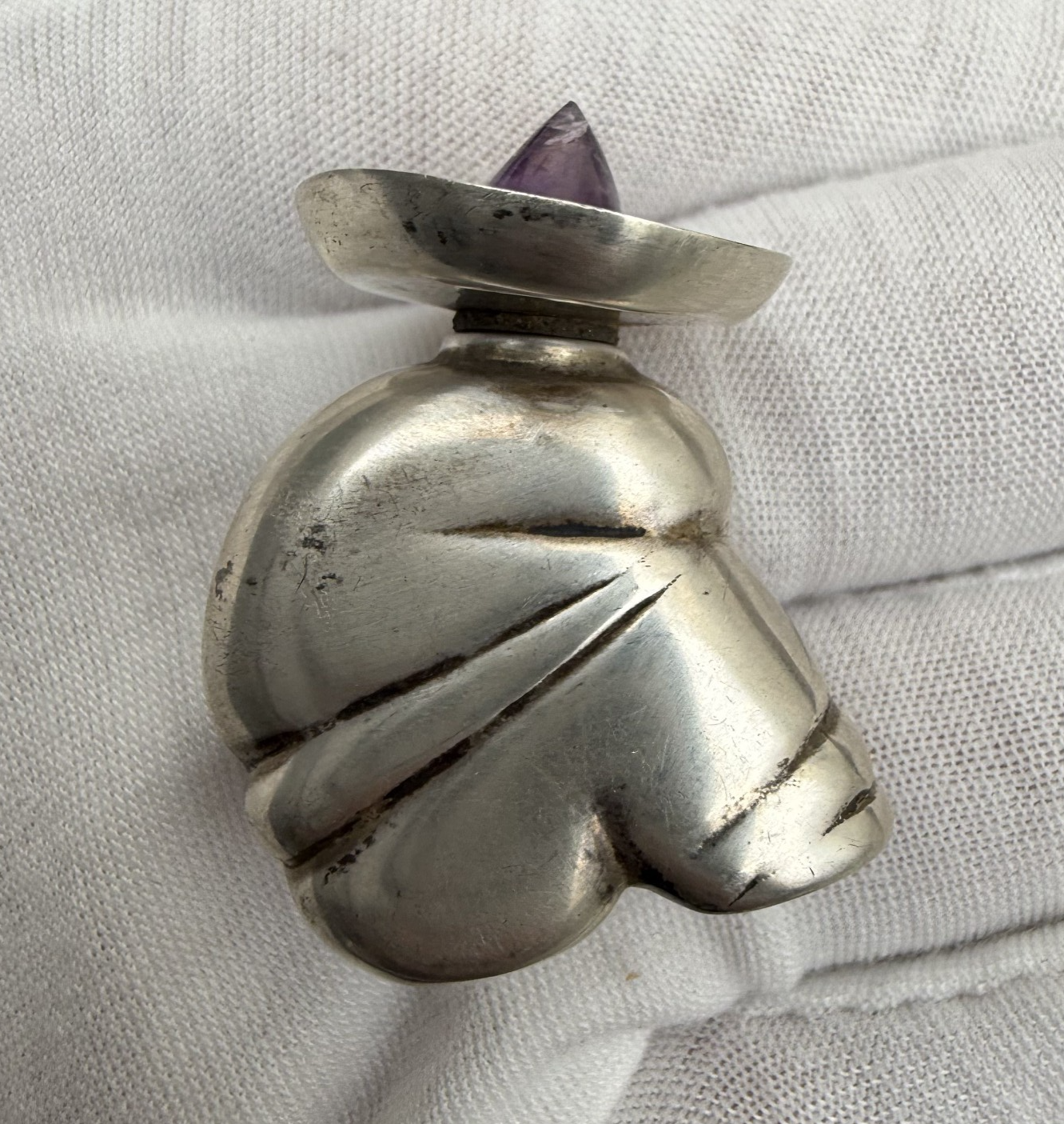 Awesome Vintage Mexico Sterling Silver Siesta Man Perfume Bottle w/ Amethyst Top3