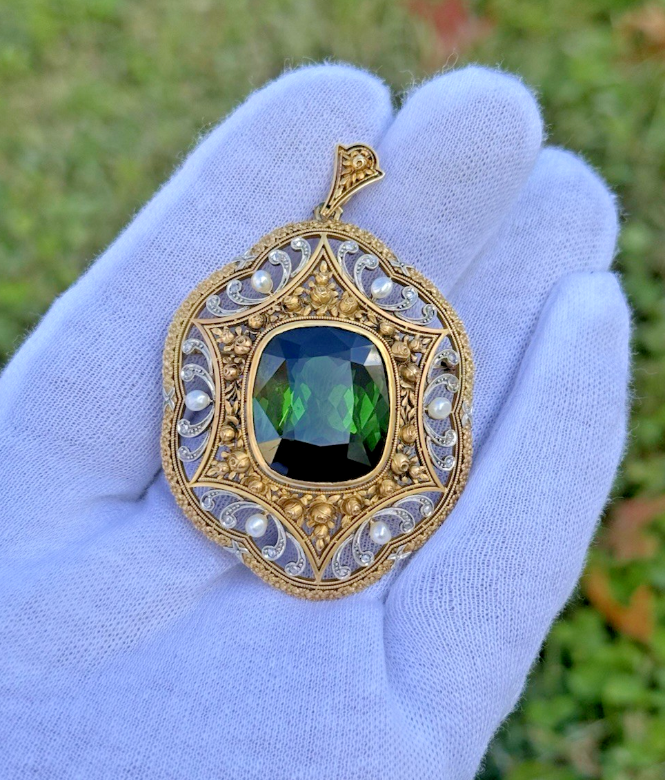 Antique 19th C. Victorian Heirloom Pendant / Brooch with Huge Tourmaline in Gold0