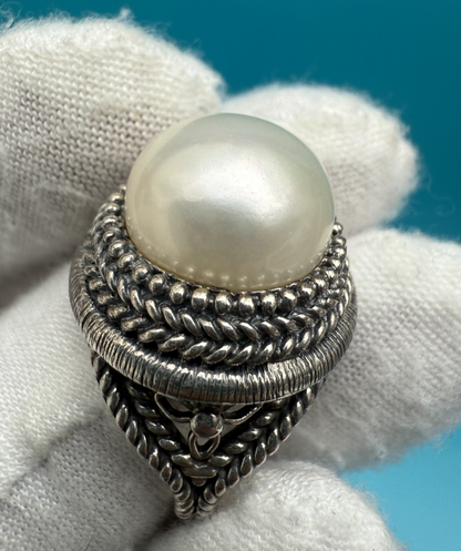 Stunning Mabe Pearl & Sterling Silver .925 Ring Marked BJ, China4