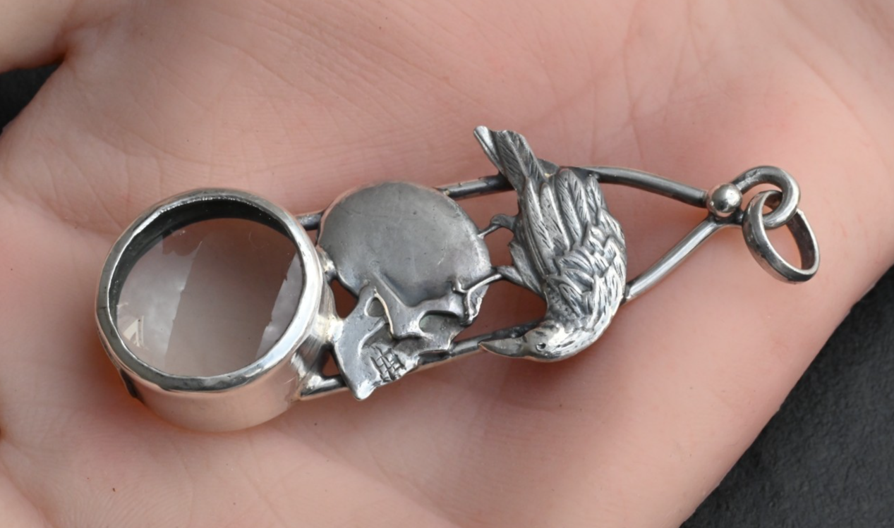 Vintage Signed Sterling Silver Southwest Jewelers Loupe with Skull & Crow Bird2