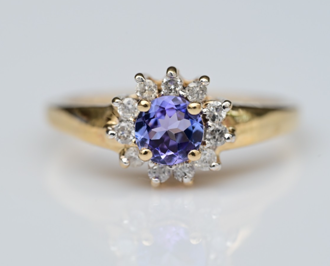 High Quality Natural Tanzanite with Halo of Diamonds set in 14K Yellow Gold Ring0
