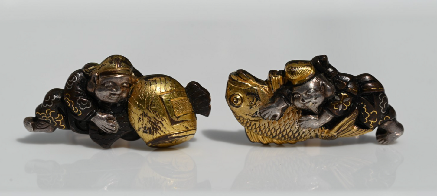 Custom Made Antique Meiji Period Japanese Sword Menuki 14K Yellow Cuff Links0