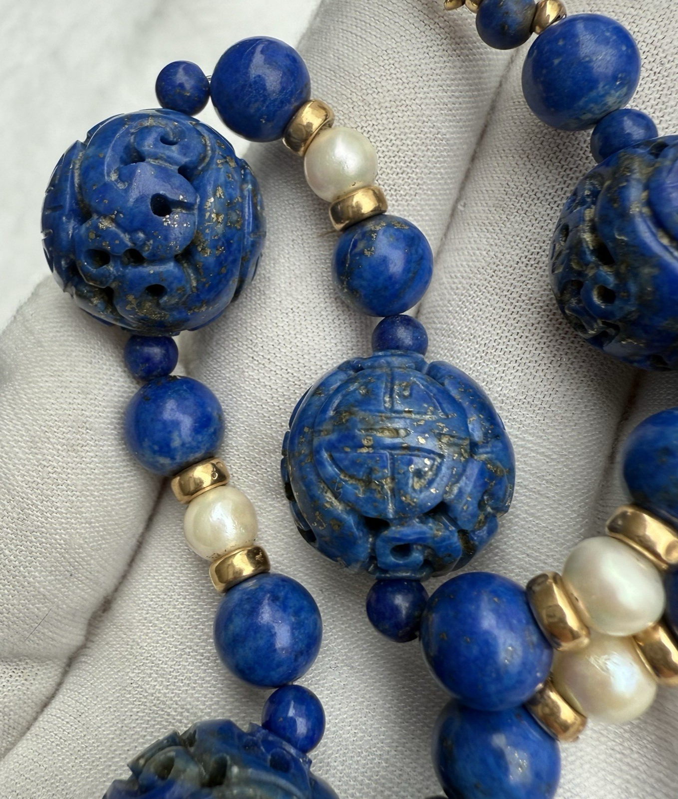 Stunning Chinese Carved Shou Royal Blue Lapiz Lazuli & 14k Beaded Necklace3