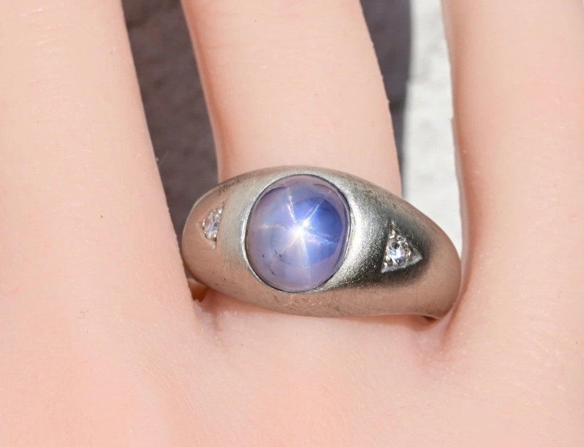 Early Art Deco Blue Star Sapphire Cabochon Ring With Diamond Accents In Platinum0