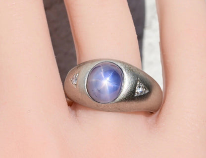 Early Art Deco Blue Star Sapphire Cabochon Ring With Diamond Accents In Platinum0