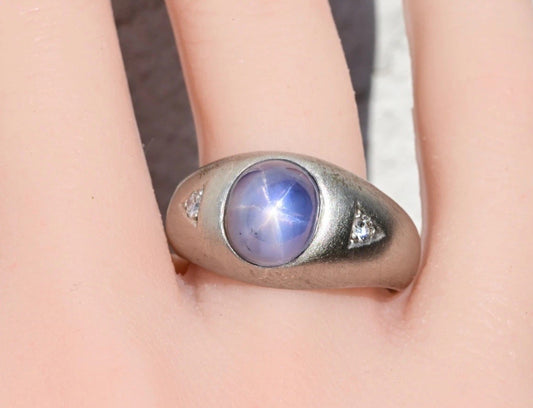 Early Art Deco Blue Star Sapphire Cabochon Ring With Diamond Accents In Platinum0