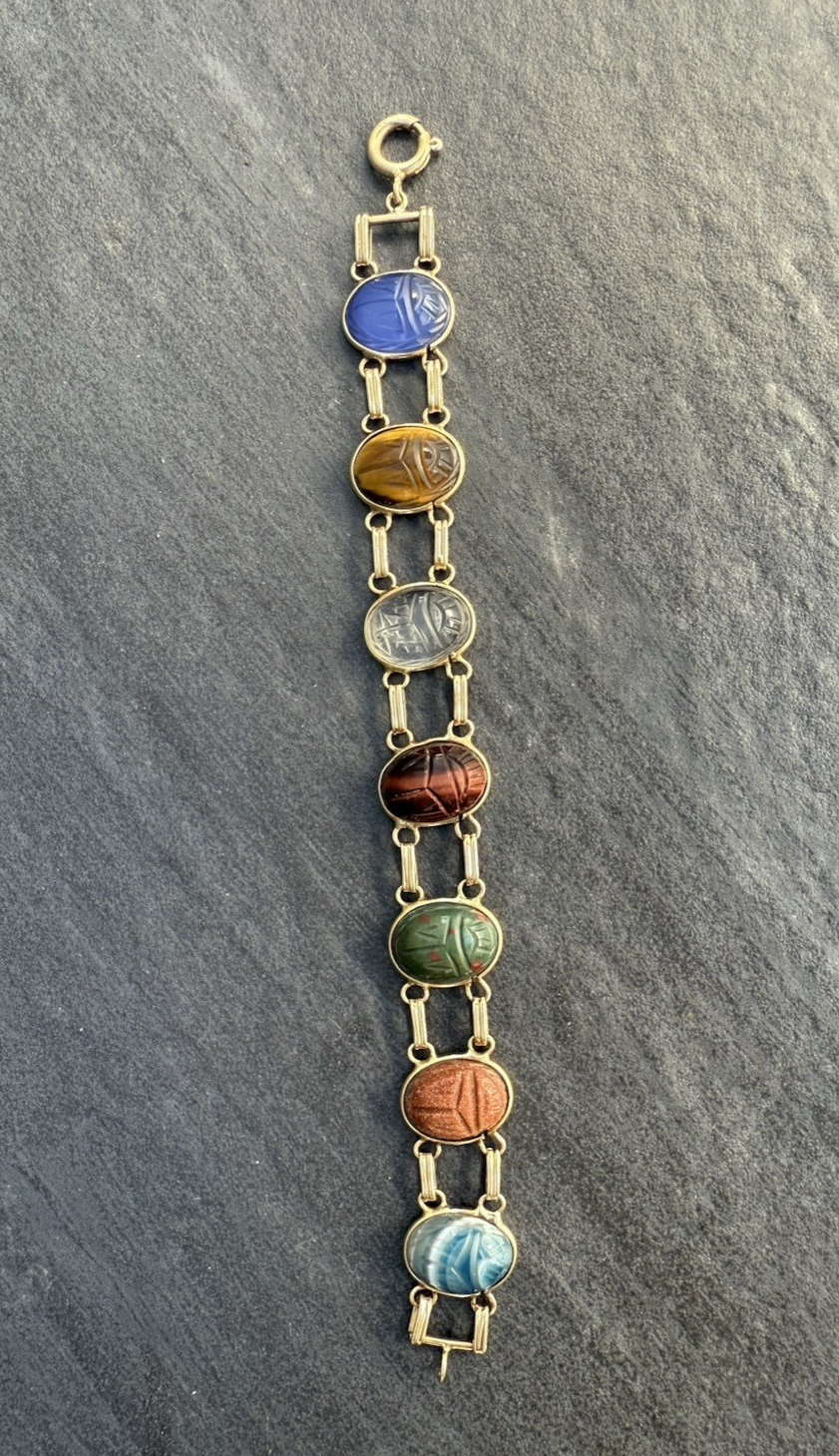 Beautiful Early Vintage 14k Yellow Gold Multi-Gemstone Scarab Beetle Bracelet0