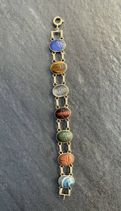 Beautiful Early Vintage 14k Yellow Gold Multi-Gemstone Scarab Beetle Bracelet0