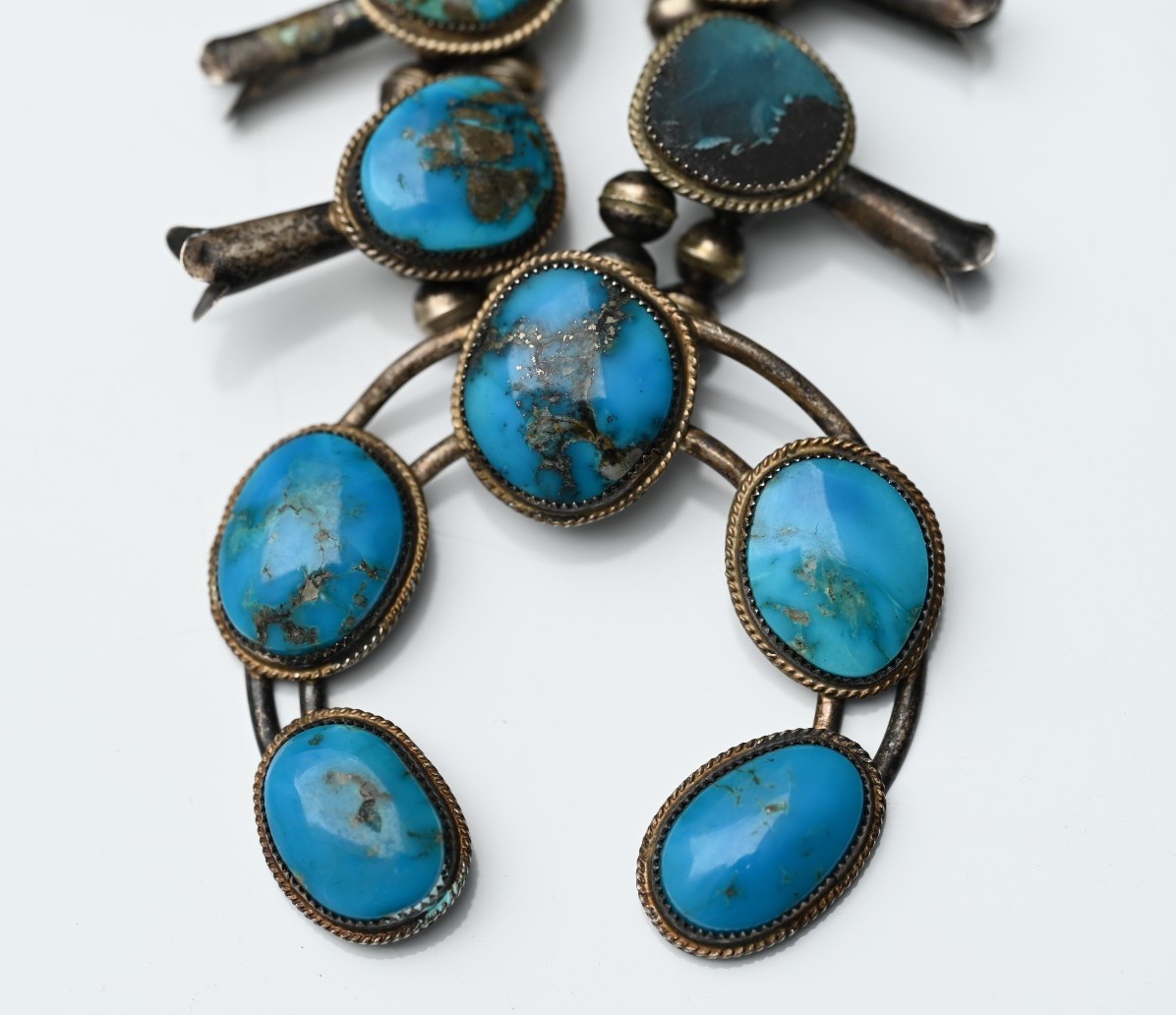 Native American Deep Blue Turquoise & Sterling Silver Squash Blossom Necklace1