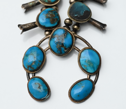 Native American Deep Blue Turquoise & Sterling Silver Squash Blossom Necklace1
