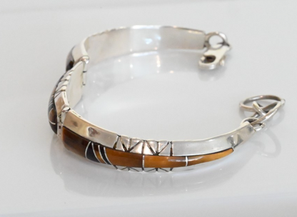 Vintage Native American Sterling Silver Cuff Bracelet Tigers Eye Mosaic Design1