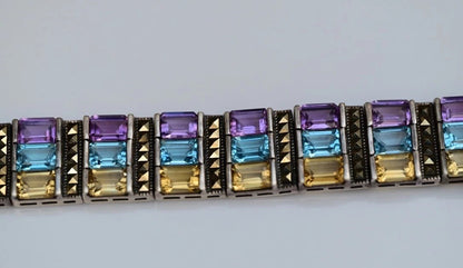Beautiful Vintage Multi Gemstone & Sterling Silver Bracelet Marked NF2