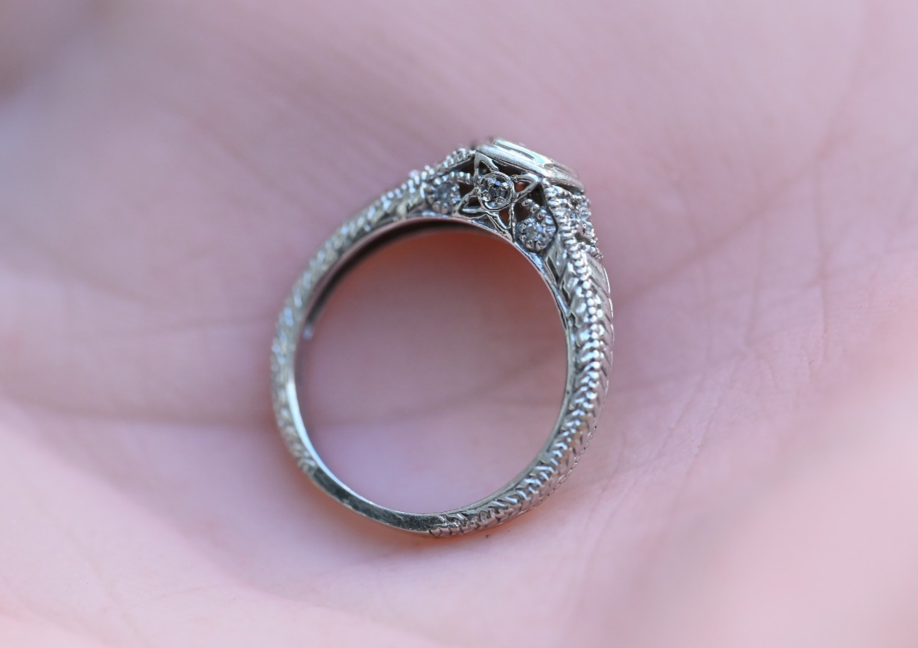 Intricate 14K White Gold Diamond Ring Geometric Hexagon Filigree Design by RLM8