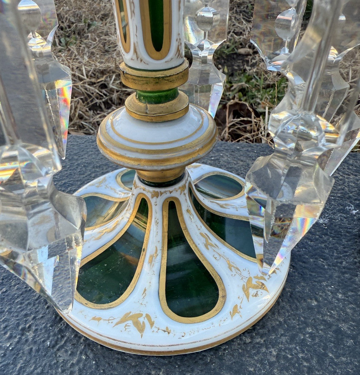 Antique 19th C. Bohemian Moser Glass Emerald Green Enameled & Gilt Lustres17