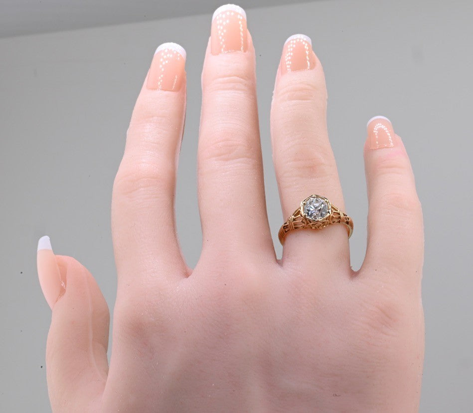 Antique Art Deco Period .85 ct Old Euro Diamond Ring in 14K Y Gold Filigree Work2