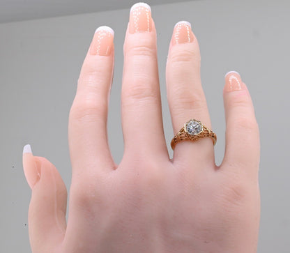 Antique Art Deco Period .85 ct Old Euro Diamond Ring in 14K Y Gold Filigree Work2