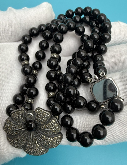 Gorgeous Double-Strand Black Onyx and Sterling Silver Marcasite Flower Necklace7