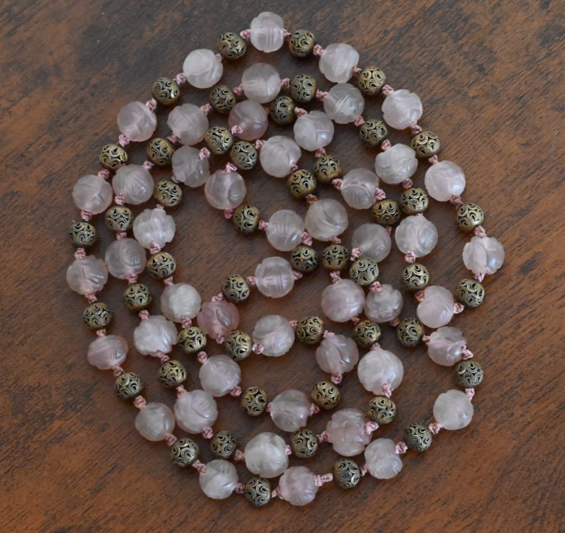 Antique / Vintage Chinese Beaded Pink Quartz Necklace with Gilt Silver Beads0