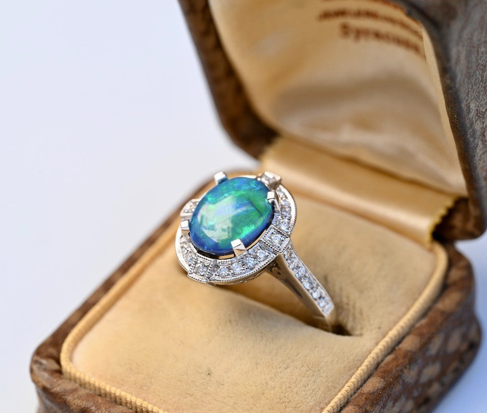 IGI Certified 14K White Gold Ring with Natural Black Opal Surrounded by Diamonds2