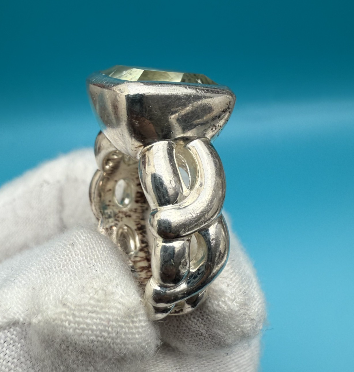 Sturdy Well Made Sterling Silver Ring with Faceted Green Amethyst or Quartz1