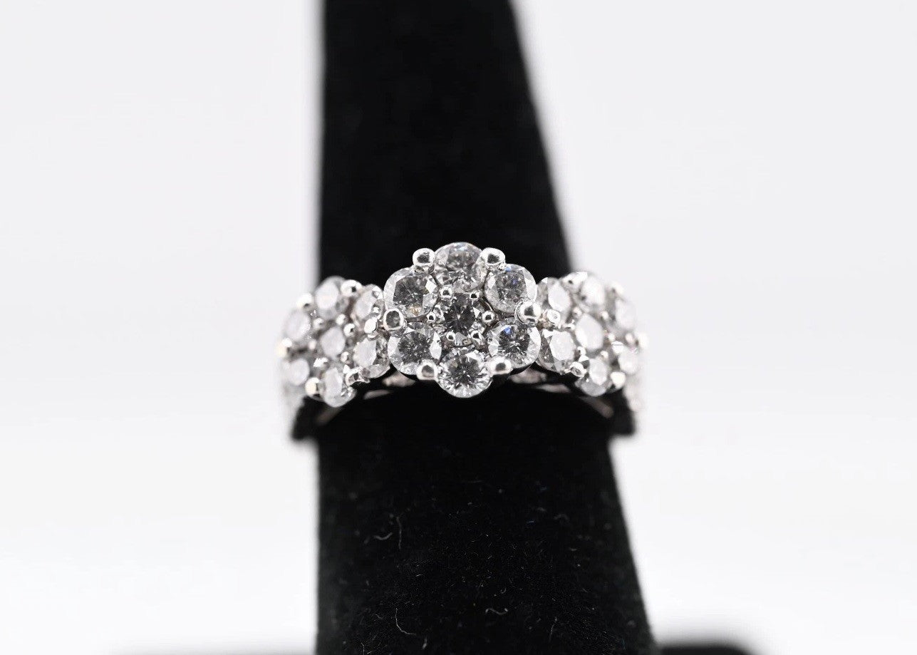 Gorgeous 14K White Gold 2TW Diamond Cluster Ring in Triple Flower Design8
