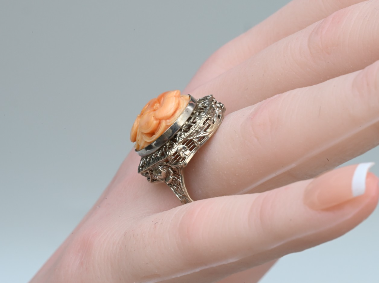 Antique 14K White Filigree Statement Ring With Hand Carved Natural Coral Gem3
