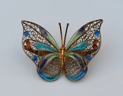 Gorgeous Gold Gilt 800 Silver Enameled Butterfly Brooch / Pin0