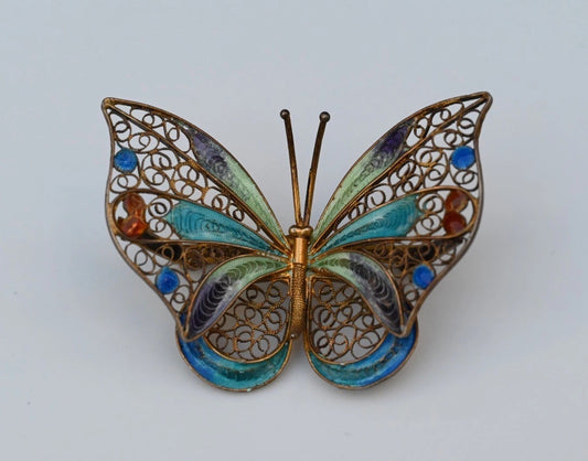 Gorgeous Gold Gilt 800 Silver Enameled Butterfly Brooch / Pin0
