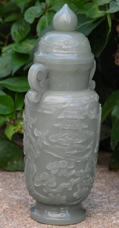 Beautiful Mid-20th C. Chinese Light Green Jade Lidded Vase With Carved People8