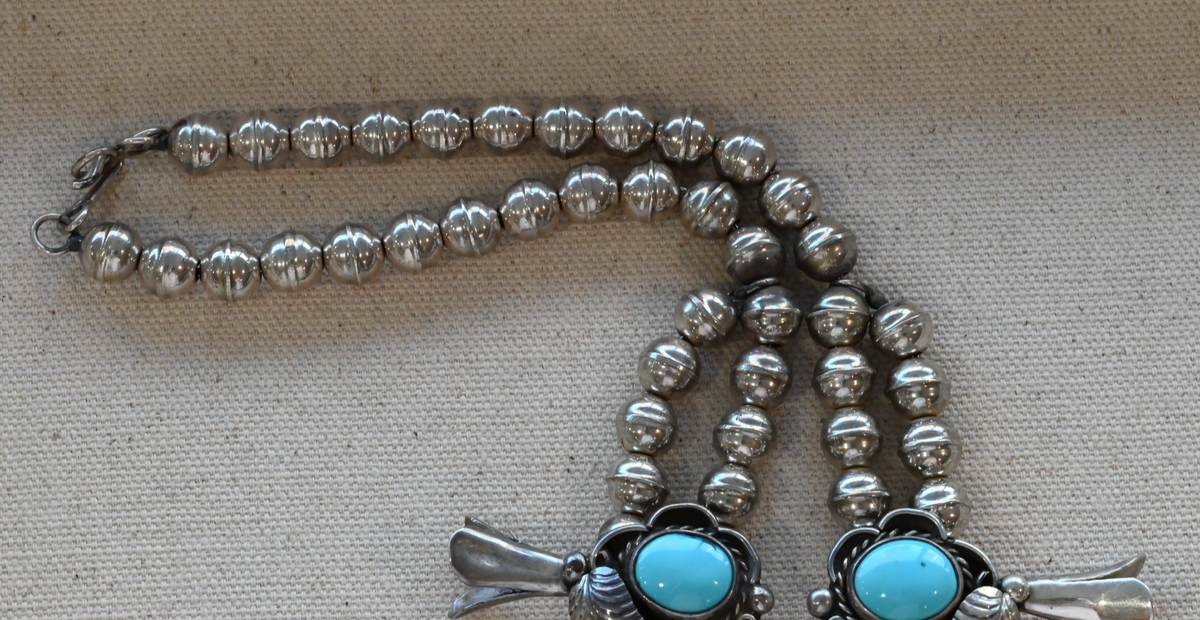 Lovely Native American Blue Turquoise & Sterling Silver Squash Blossom Necklace4