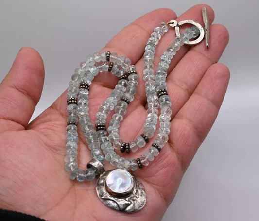 Elegant Diamond Cut Aquamarine Gemstone Necklace With Southwest Sterling Pendant0
