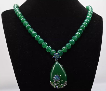 Rich Green Translucent Emerald Beaded Gemstone Necklace Wt Enamel Silver Pendant0