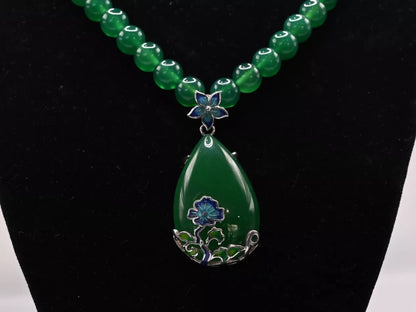 Rich Green Translucent Emerald Beaded Gemstone Necklace Wt Enamel Silver Pendant2
